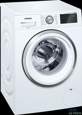 the front view of a white washing machine with the door open