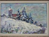 une peinture à l'huile représentant un paysage enneigé avec une église en arrière-plan