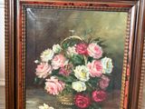 painting of a vase of flowers on a table next to a vase of flowers