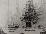 un dessin représentant un bateau dans l'eau près d'un arbre
