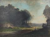 peinture d'un paysage avec des arbres et une rivière au premier plan