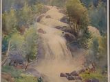 watercolor painting of a waterfall in a wooded area with rocks and trees