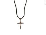 a black cord necklace with a cross pendant on it