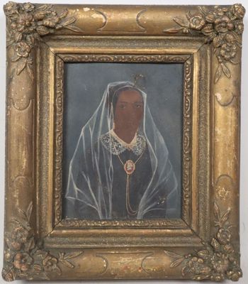 an old painting of a woman wearing a veil and wearing a necklace
