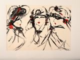 a picture of a painting of three women with hats on