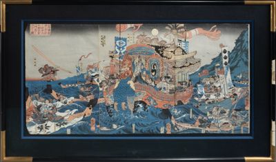 tableau représentant un bateau sur un plan d'eau avec des personnes à bord