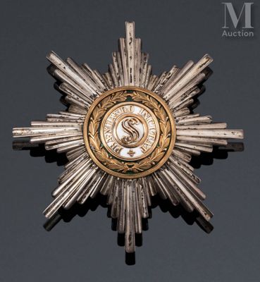 une broche en forme d'étoile argentée et dorée sur un fond noir