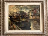 une image d'une peinture représentant un pont sur une rivière