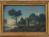 une peinture à l'huile représentant une maison sur une colline, avec un arbre au premier plan