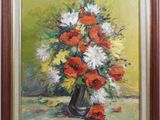 an oil painting of a vase of flowers on a table