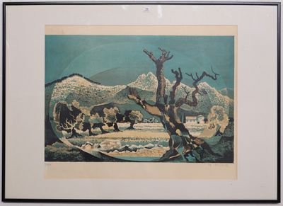 tableau représentant un troupeau de bovins paissant dans un champ, avec des montagnes en arrière-plan