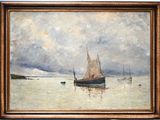 a painting of a boat in the water with a sky background