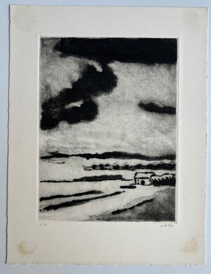 a black and white drawing of a beach with a boat in the distance