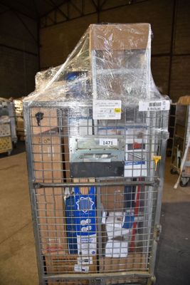 a metal cart with a bunch of boxes in it