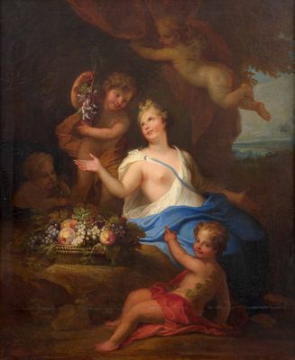 une image représentant un tableau où figurent une femme et deux enfants avec un panier de fruits