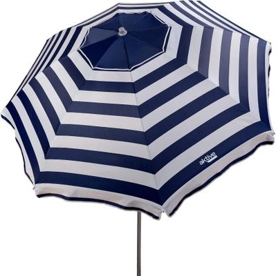 un parapluie rayé bleu et blanc posé sur un support