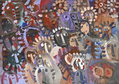 un tableau représentant un groupe de personnes debout face à une foule