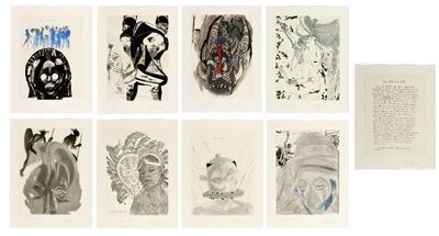 six dessins différents représentant des personnes et des animaux sur une feuille de papier