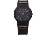 a close up of a black and gold watch on a white background
