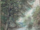 an image of a painting of a river in a wooded area