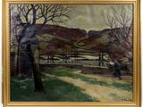 an image of a painting of a landscape with trees and a fence