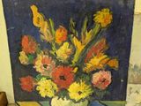a painting of flowers in a vase on a table
