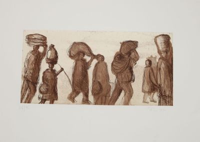 une image représentant un dessin d'un groupe de personnes marchant dans une rue