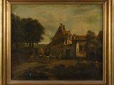 an oil painting of a farm scene with a horse drawn carriage