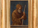 a painting of an old man holding a stick in a gold frame