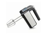 a close up of a black and silver hand mixer on a white background