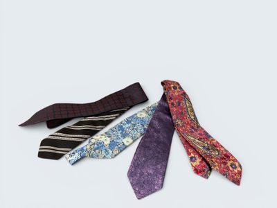 three different colored ties laying next to each other on a white surface