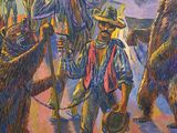 a painting of a group of people walking with bears
