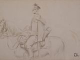 dessin représentant un homme en uniforme à cheval, coiffé d'un chapeau