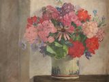 une peinture représentant un vase de fleurs sur une table