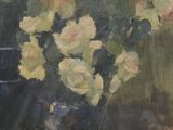 a painting of yellow roses in a blue vase on a table