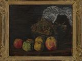 tableau représentant une nature morte composée de pommes, de poires et d'un poteau à fumée