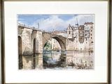 framed watercolor painting of a bridge over a river with buildings in the background