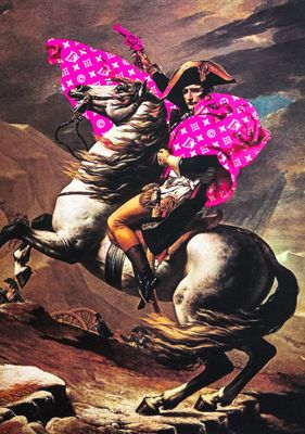 a painting of a man riding a horse with a pink umbrella