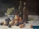 un tableau représentant une corbeille de fruits et une bouteille de vin