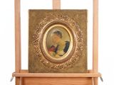 a picture of a picture of a woman on a easel
