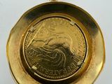 a close up of a coin in a gold pendant on a white surface