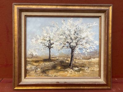 une peinture à l'huile représentant deux arbres dans un champ avec un mur rouge en arrière-plan