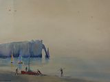 a painting of people on the beach with boats in the water