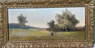 NELLY W. femme dans un paysage, huile sur panneai signé en b…
