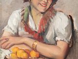 tableau représentant une femme tenant un panier d'oranges posé sur une table