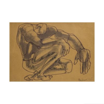 drawing of a man sitting on his knees with his hands on his knees