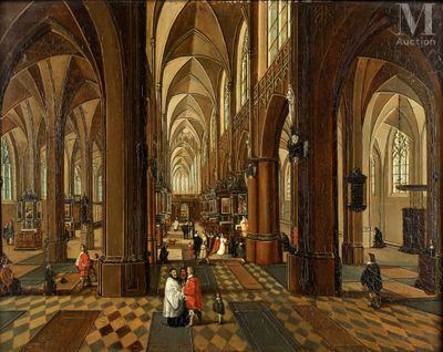 painting of interior of a church with people sitting on the pews