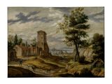 an image of a painting of a landscape with a castle in the distance