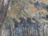 a painting of a man riding a horse down the road