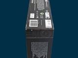 a black box with a label on it on a blue background